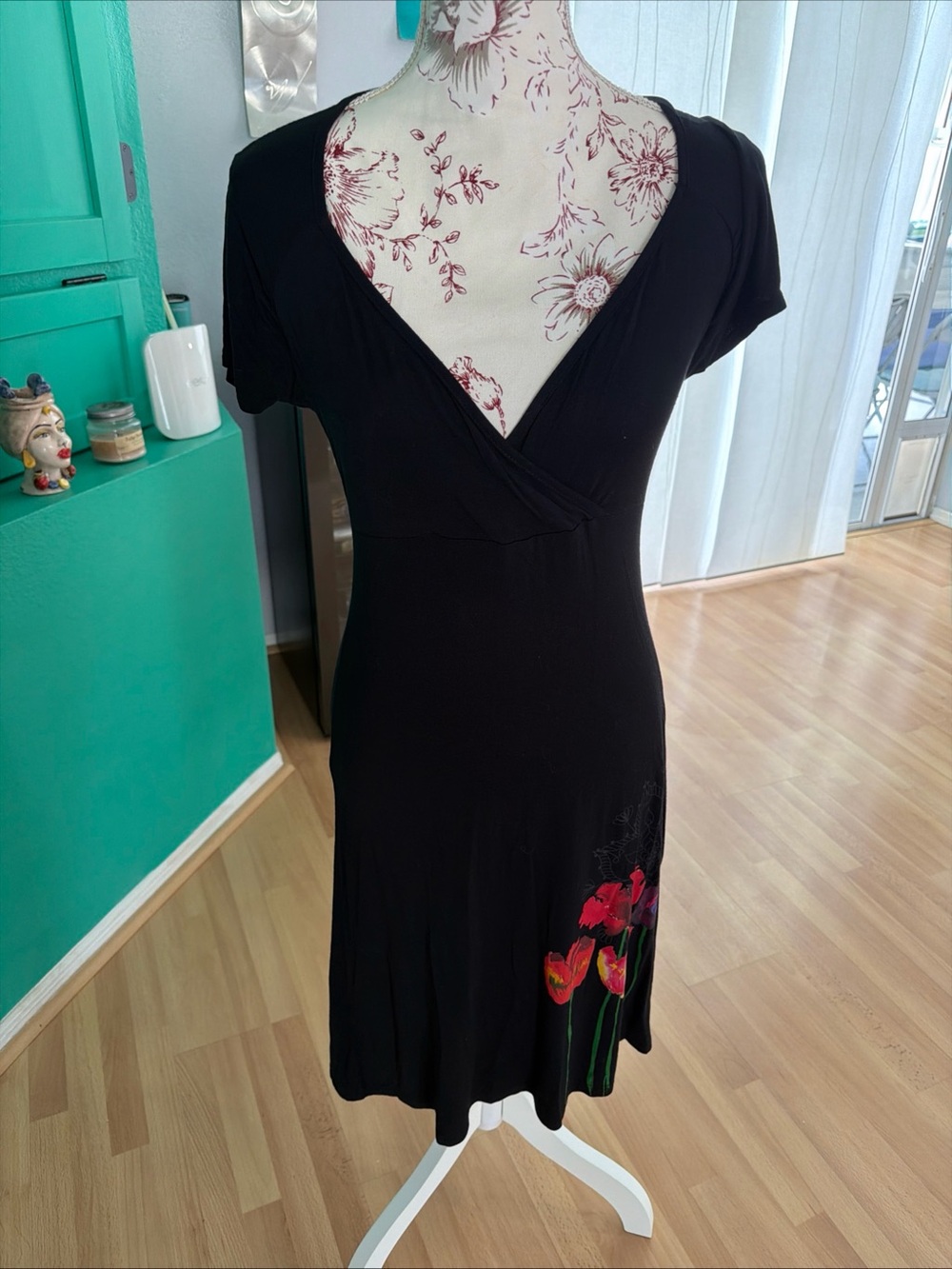 Desigual Black Floral V-Neck Women's Dress